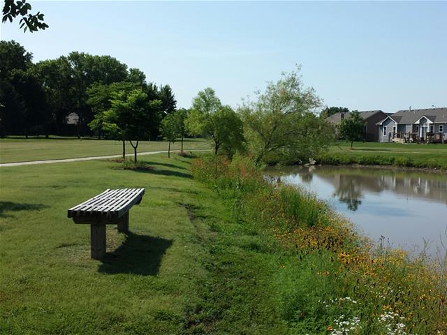 A wooden park bench beside a tranquil pond